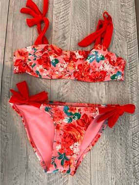 Xhilaration Red & Pink Floral Tie-Shoulder Bikini
